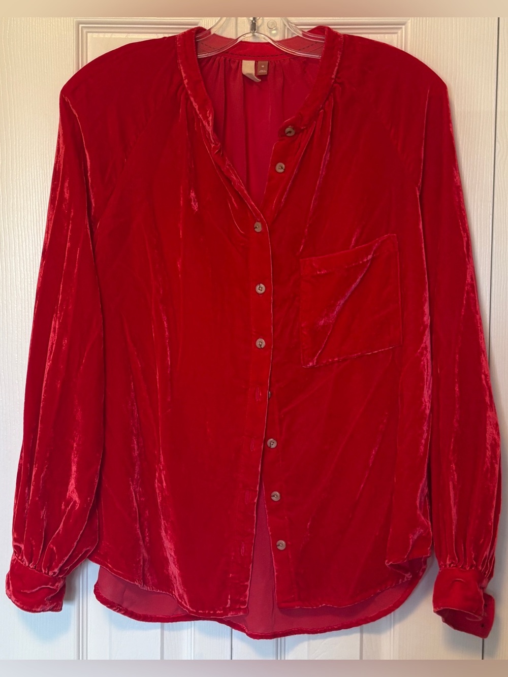Anthropologie Pilcro Relaxed Red Crushed Velvet Button Down Shirt Medium M